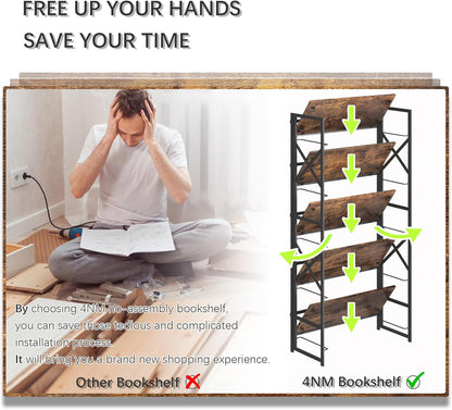 5 Tiers No Assembly Book Shelves, 51.2" H Folding Bookshelf Bookcase Open Industrial Foldable Shelves for Bedroom, Living Room, Home Office - Rustic Brown Black