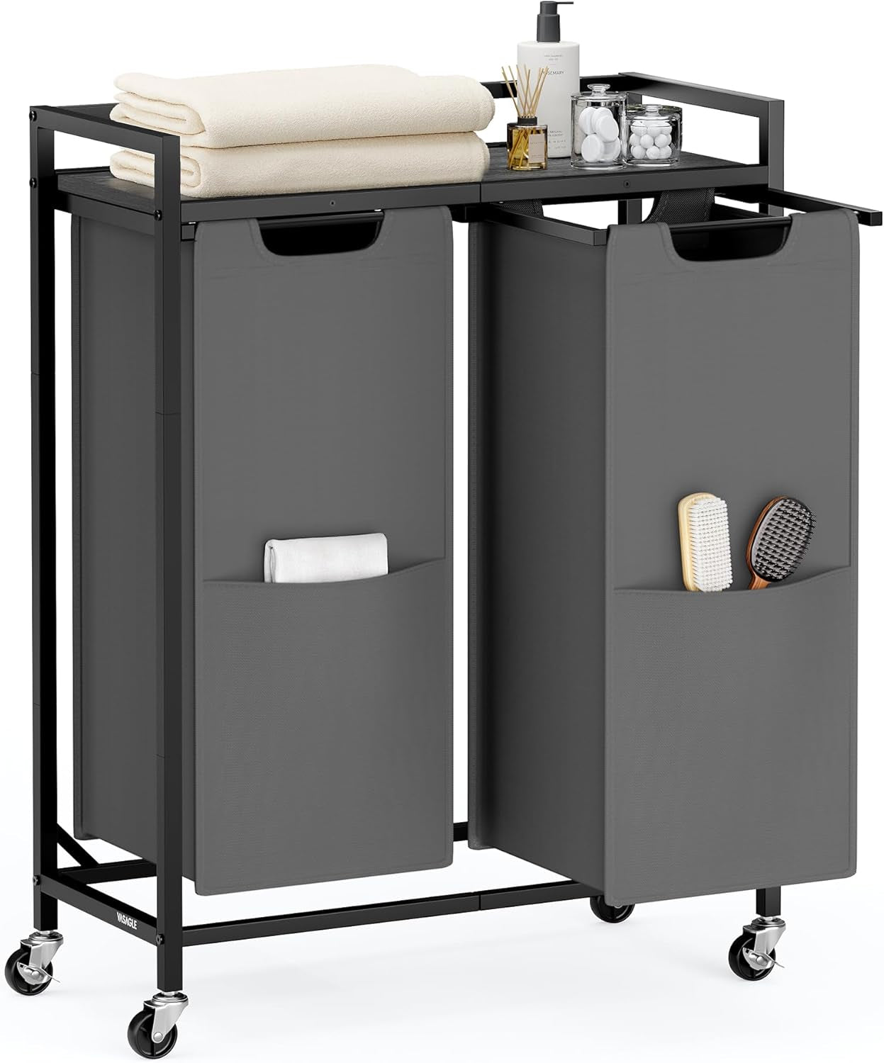 Laundry Sorter, 29 Gal. (110 L) Laundry Hamper Basket with 2 Compartments, Rolling Cart with Wheels, Shelf, Removable Bags, Pockets, Slate Gray and Charcoal Gray UBLH021G01