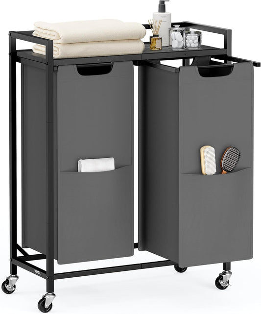 Laundry Sorter, 29 Gal. (110 L) Laundry Hamper Basket with 2 Compartments, Rolling Cart with Wheels, Shelf, Removable Bags, Pockets, Slate Gray and Charcoal Gray UBLH021G01
