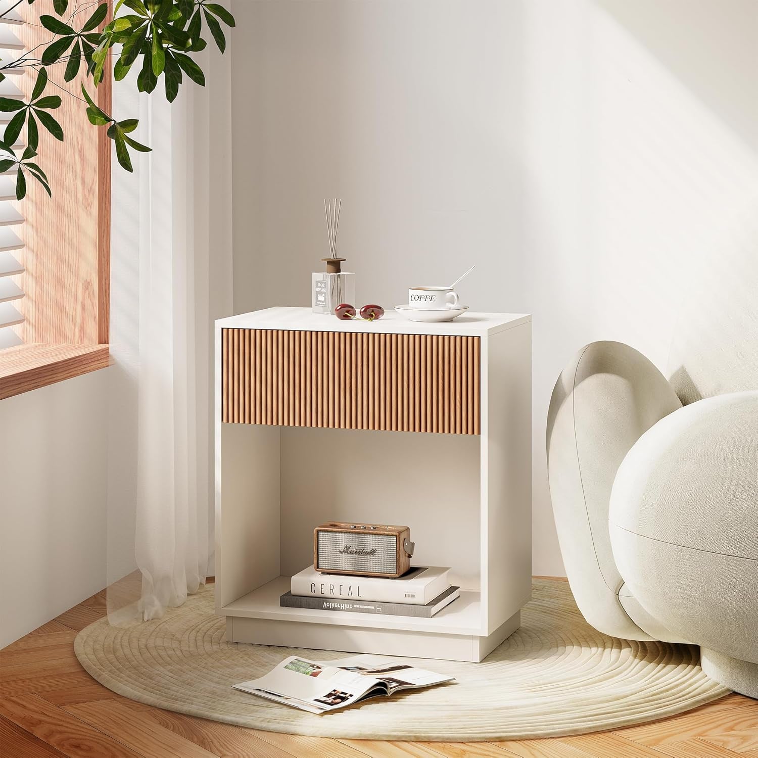 Fluted Nightstands Set of 2, Modern Bedside Table with Drawer and Storage Shelf, Wood End Table Mid Century Night Stands for Bedroom Living Room Sofa Couch Office (White+Oak)