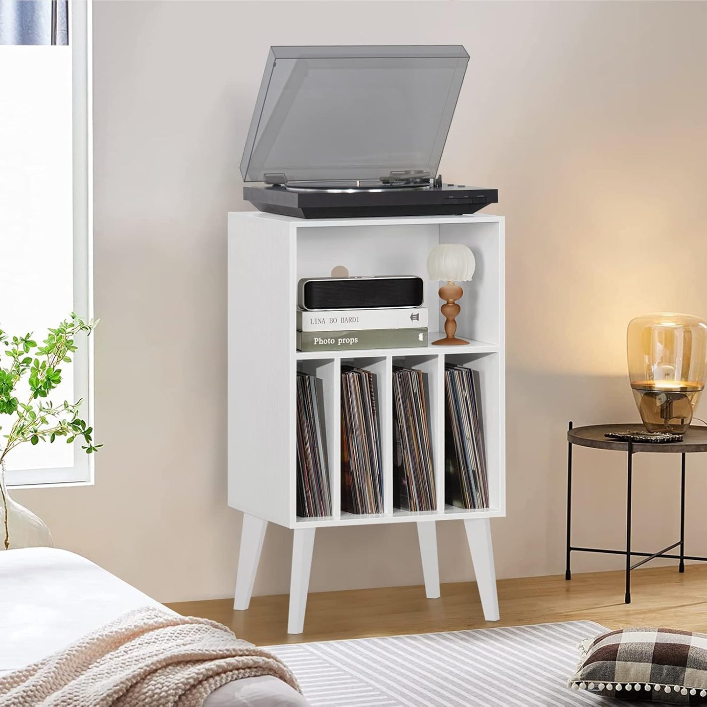 Record Player Stand, White Turntable Stand Holds up to 160 Albums, Mid-Century Vinyl Storage Cabinet Table with Solid Wood Legs, Record Player Holder Dispaly Shelf for Bedroom Living Room