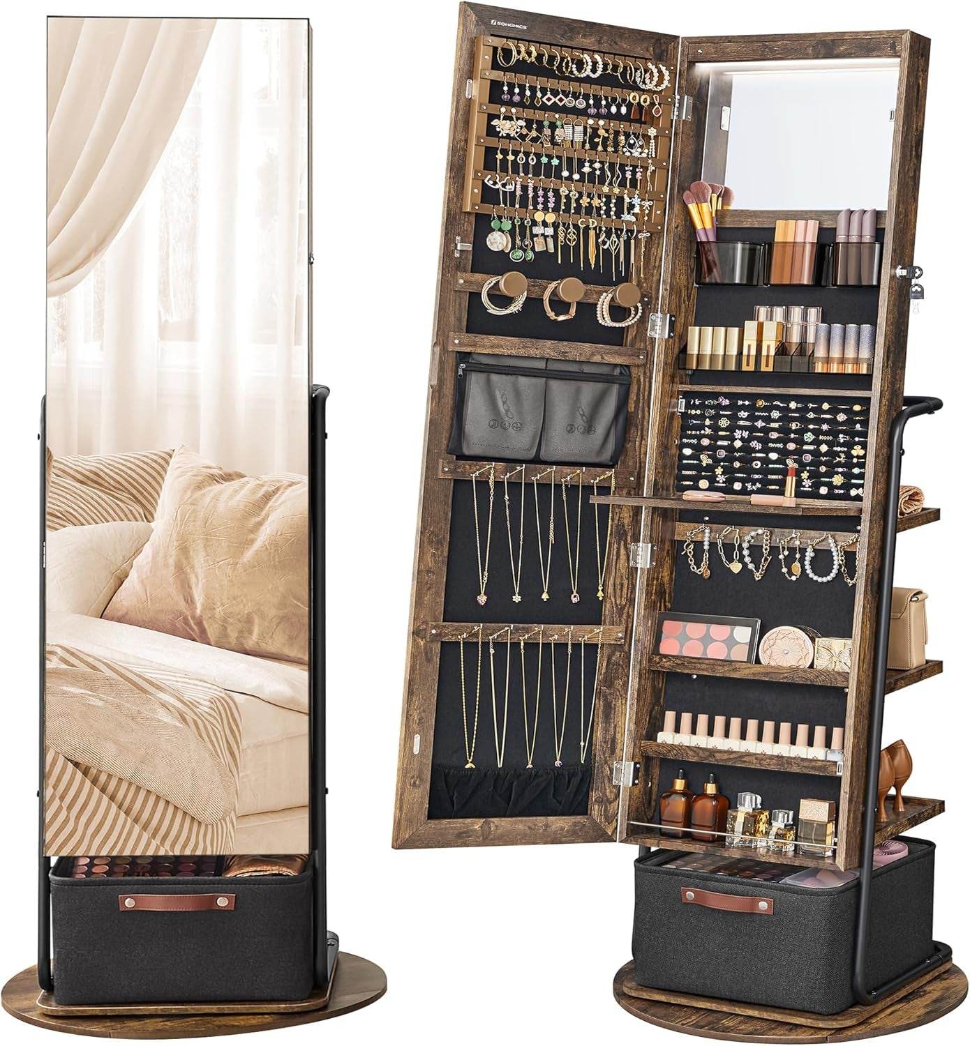 360° Swivel Mirrored Jewelry Cabinet with Lights, Full-Length Mirror with Jewelry Storage, Standing Jewelry Armoire Organizer, with Large Storage Basket, Makeup Shelf, Cloud White UJJC018W01