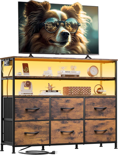 TV Stand for 40, 45 Inch TV, Entertainment Center with LED Lights & Charging Station, TV Media Console Table with 6 Fabric Drawers and Open Shelves for Living Room, Hallway, Rustic Brown