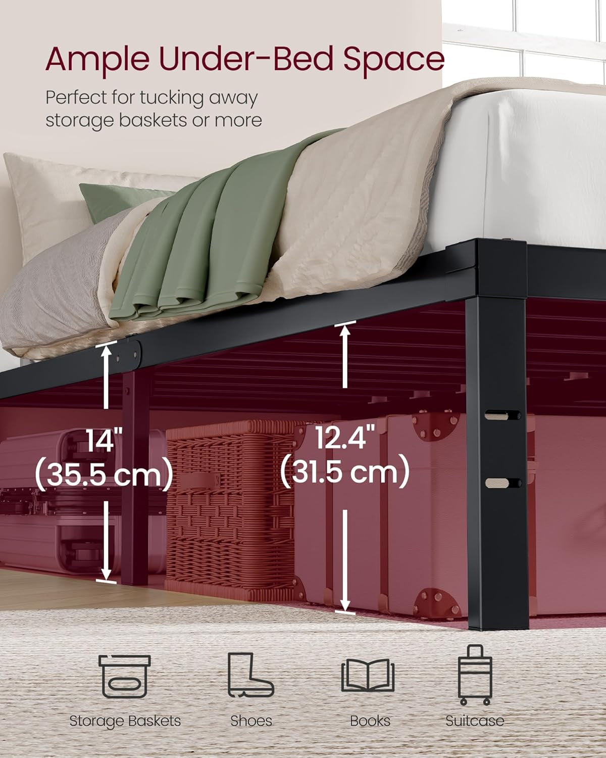 VASAGLE Queen Metal Bed Frame 14 Inches Tall, 1100 Lb Weight Capacity, No Box Spring Needed, with Under-Bed Storage, Easy Setup, Heavy-Duty Platform Bed, Mattress Retainers, Matte Black URMB651BD02S