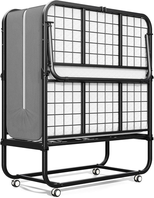 Folding Bed with Mattress, 75" X 31" - 5" Thick Memory Foam Mattress, Cot Size Portable Beds for Adults, Metal Bed Frame on Wheels for Guest, Space Saving Roll Away Beds for Easy Storage