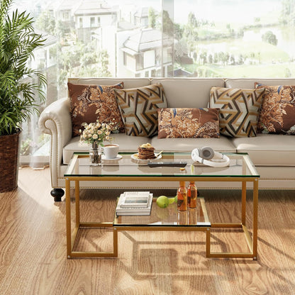 Coffee Table Gold Glass Coffee Table for Living Room,2 Tiers Rectangle Center Table with Sturdy Metal Frame,Modern Tempered Glass Accent Table for Bedroom Home Office