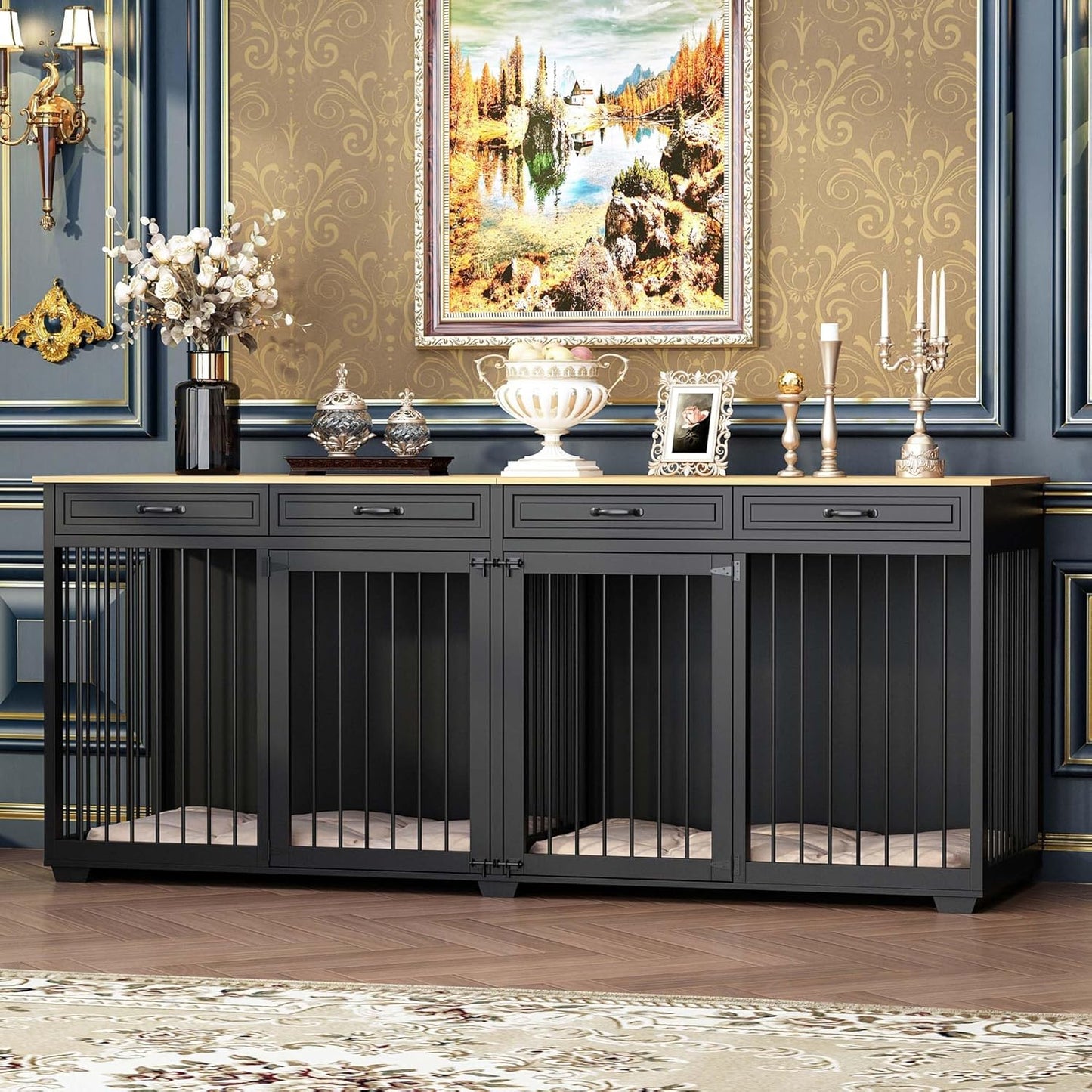 Large Dog Crate Furniture, 86.6 Inch Wooden Dog Kennel with Drawers & Divider, Heavy Duty Indoor Furniture Style Dog House with Double Rooms for Large Medium Small Dogs, Black