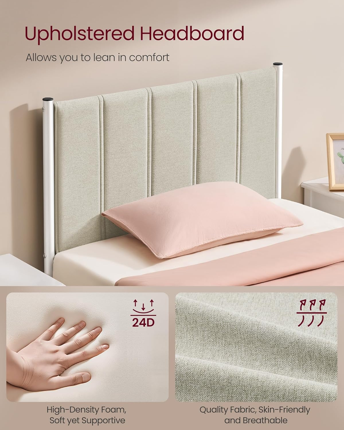 Twin Bed Frame with Upholstered Headboard, Metal Bed Frame Twin Size with Footboard, 550 Lb Weight Capacity, Steel Slats, Easy Assembly, No Box Spring Needed, Cappuccino Beige URMB983W01V1