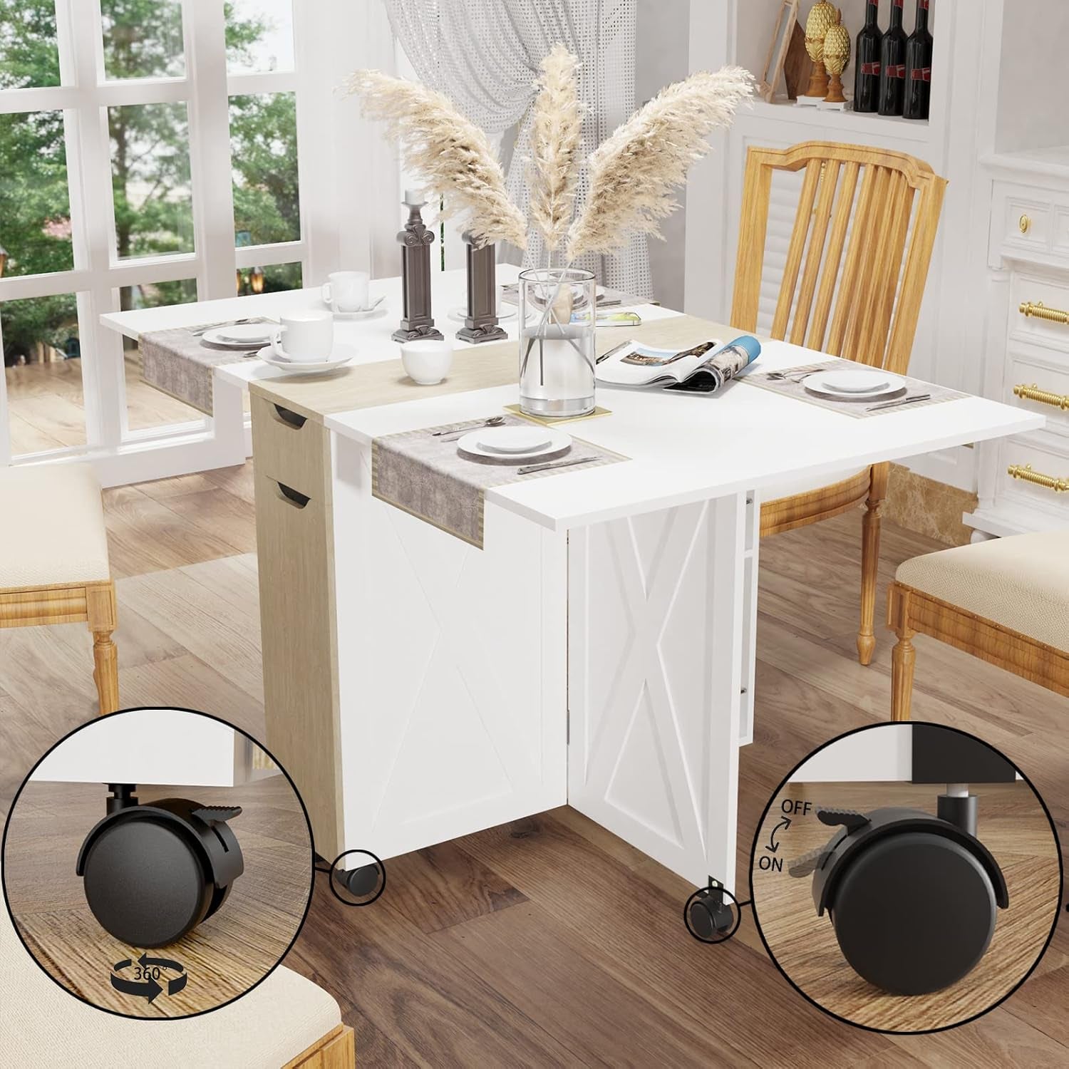Folding Dining Table, Small Dining Table, Space Saving Dining Table with 6 Wheels, Kitchen Table Sewing Table for Small Spaces (White)