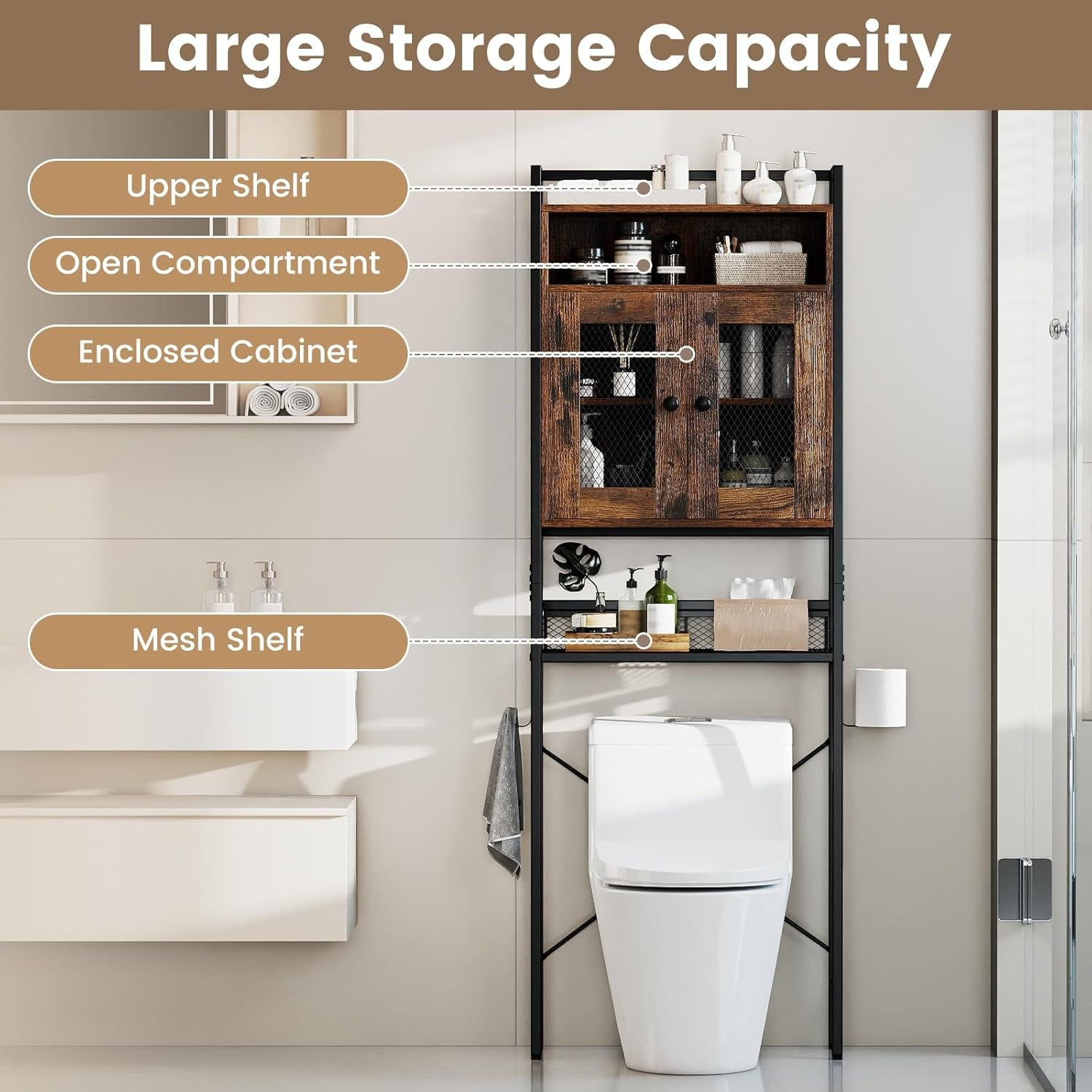 over the Toilet Storage Cabinet, 5-Tier Freestanding Space Saver W/Metal Stand, Mesh Grid Doors, Toilet Paper Holder & Hook, over Toilet Bathroom Organizer for Laundry Room, Restroom