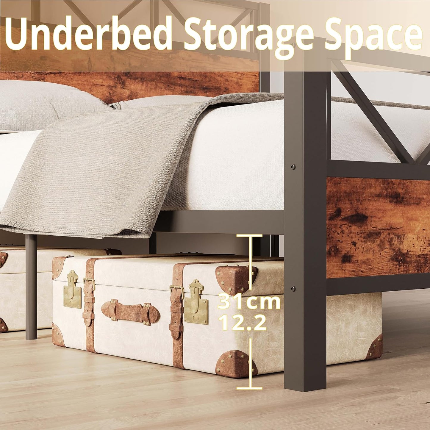 Queen Bed Frame, Tall Industrial Headboard 51.2 ", Platform Bed Frame with Strong Metal Support, Solid and Stable, Noise Free, No Box Spring Needed, Easy Assembly, Vintage Brown