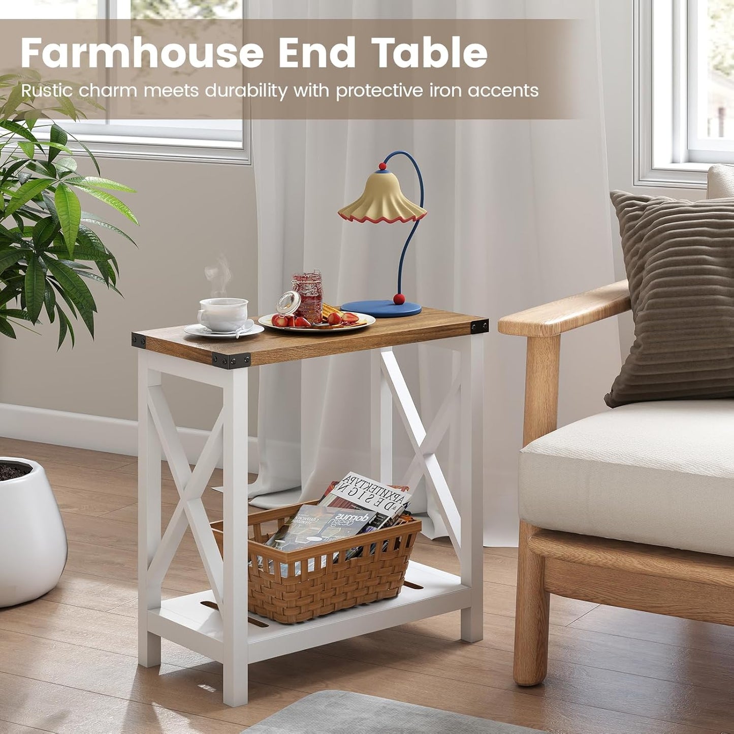 Farmhouse Side Table with Storage Shelf, Narrow Bedside Table for Small Space, Slim End Table, Rustic X-Design Nightstand for Living Room, Bedroom, White & Brown