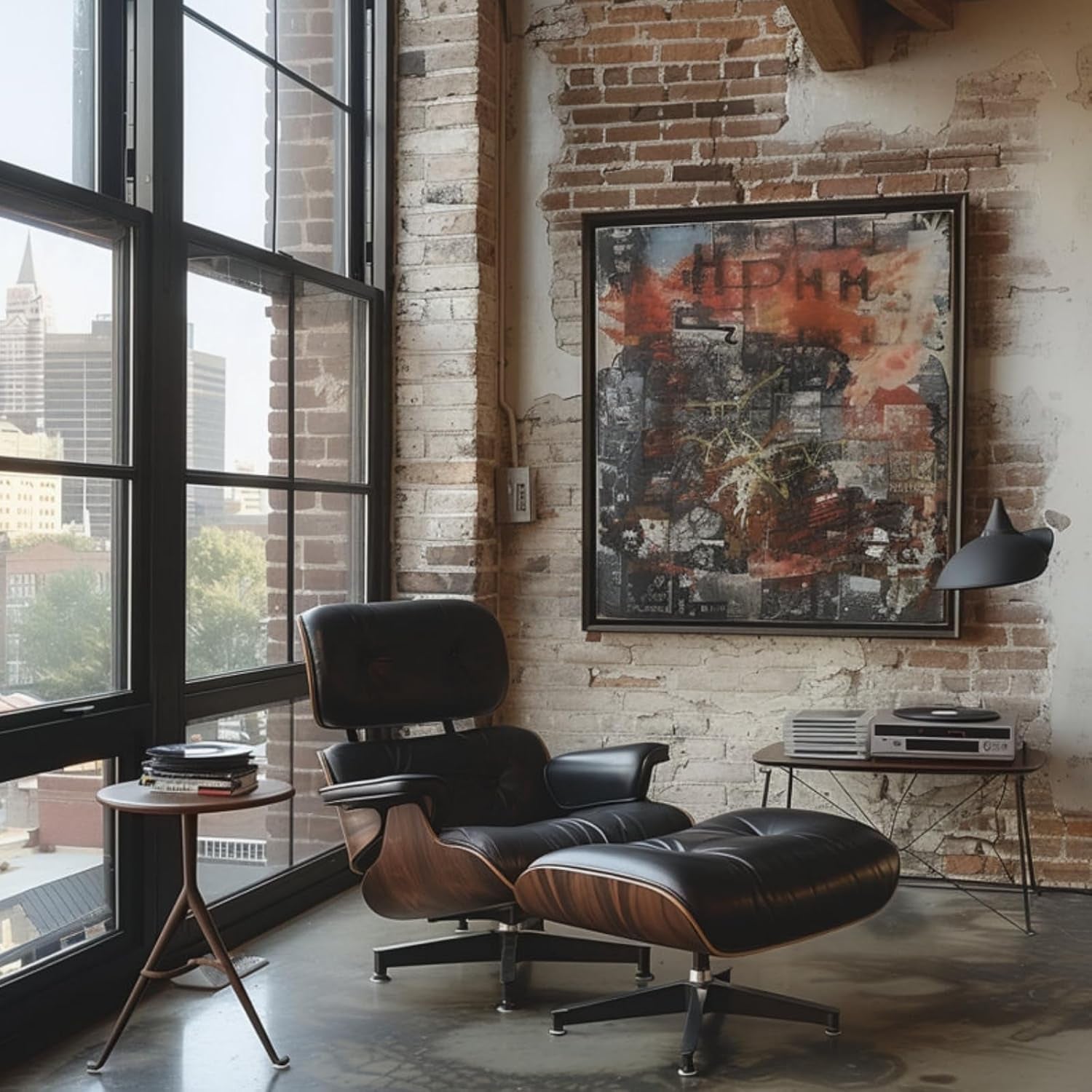 Mid Century Chaise Lounge Chair with Ottoman, Top Black Grain Leather, Modern Office Chair Classic Design, Heavy Duty Base Support for Living Room Lounge Office