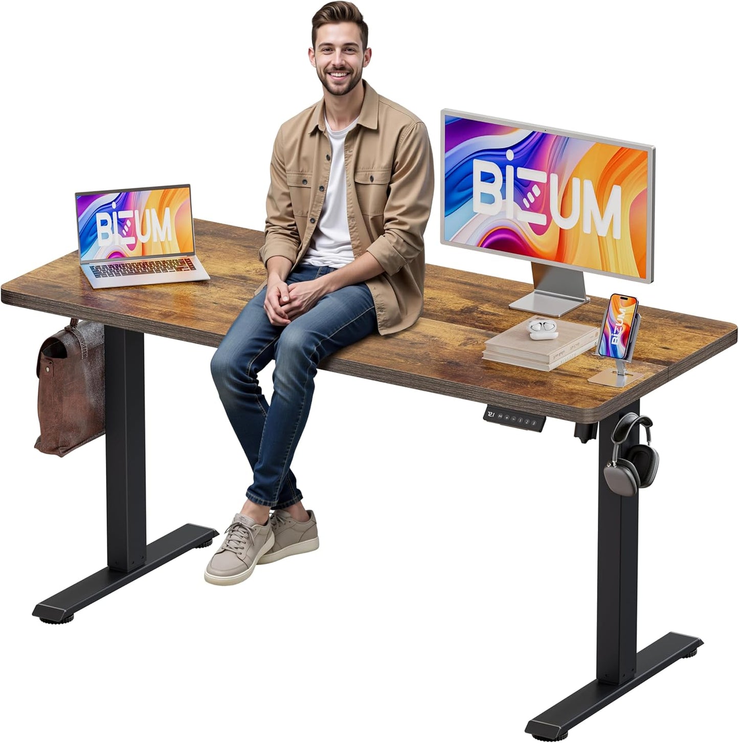 Electric Standing Desk, 55" X 24" Height Adjustable Desk, Rustic Brown Sit to Stand Desk Memory Gaming Computer Workstation for Home Office