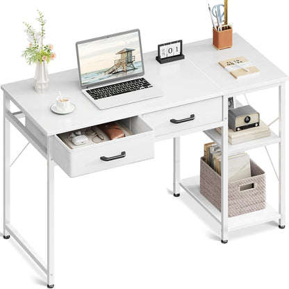 Small Computer Desk with Drawers, 40 Inch Reversible Home Office Desk with Storage Shelves, Study Laptop Vanity Table for Bedroom Small Space, White