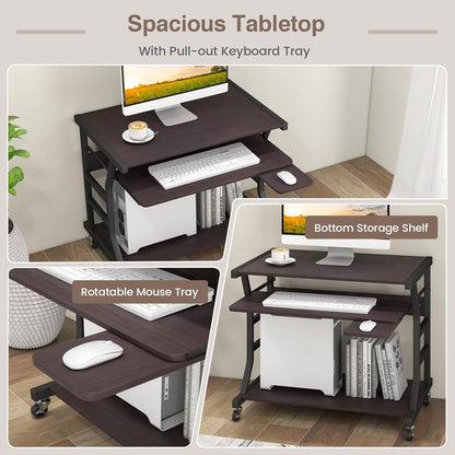 Mobile Computer Desk with Keyboard Tray, Portable Small Rolling Desk with Mouse Tray & Bottom Storage Shelf, Rolling Laptop PC Desk Cart with Lockable Wheels for Small Space (Brown)