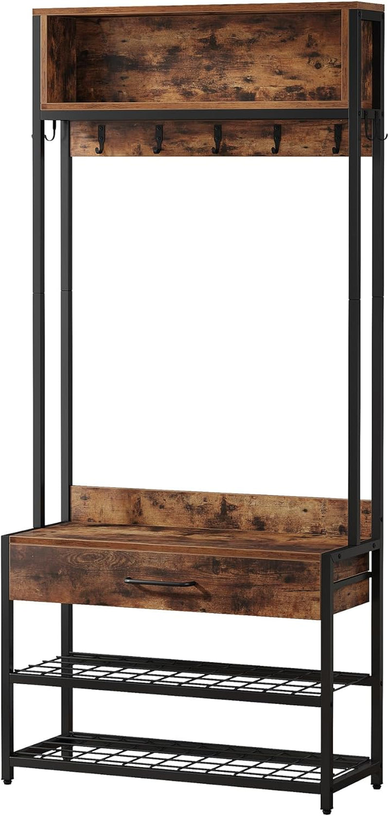 3-In-1 Entryway Hall Tree with Drawer, Vintage Industrial Coat Rack with Shoe Bench and Hutch, Mudroom Bench with Shoe Storage Rack and 9 Hooks for Living Room Bedroom (Brown)
