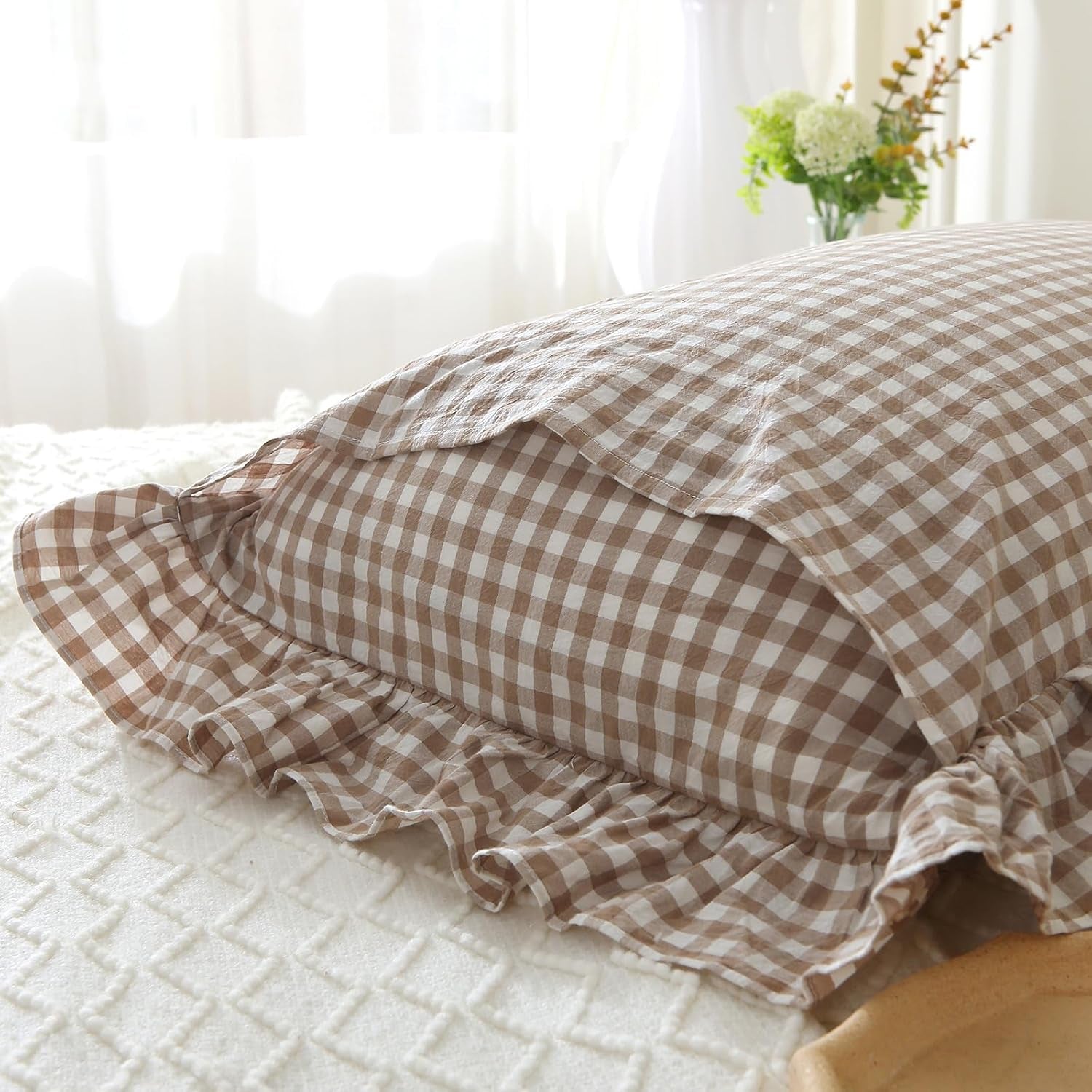 Taupe/White Plaid Ruffle Pillow Shams King Size Set of 2,Shabby Checkered Washed Cotton Farmhouse Pillow Covers 20"X36"