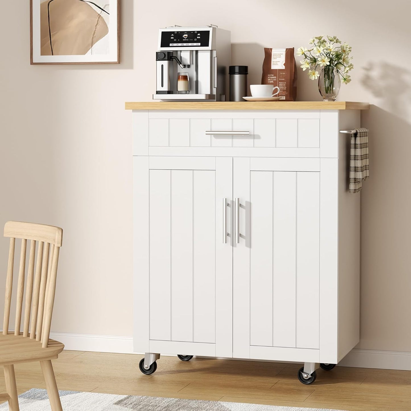 Kitchen Island Cart with Storage, Portable Bar Cabinet on Wheels, Rolling Microwave Cart Side Table with Workstation for Kitchen, Dinning Room, White