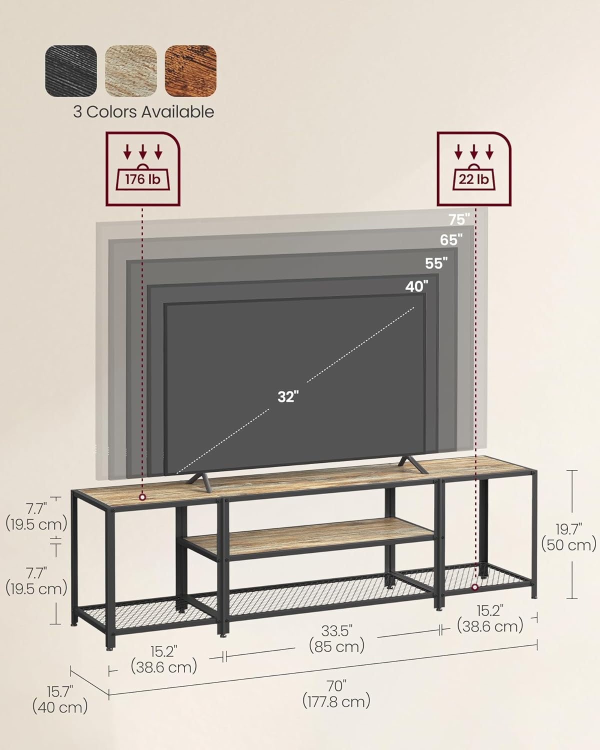Modern TV Stand for Tvs up to 65 Inches, 3-Tier Entertainment Center, Industrial TV Console Table with Open Storage Shelves, for Living Room, Bedroom, Turquoise Brown and Black ULTV097B60