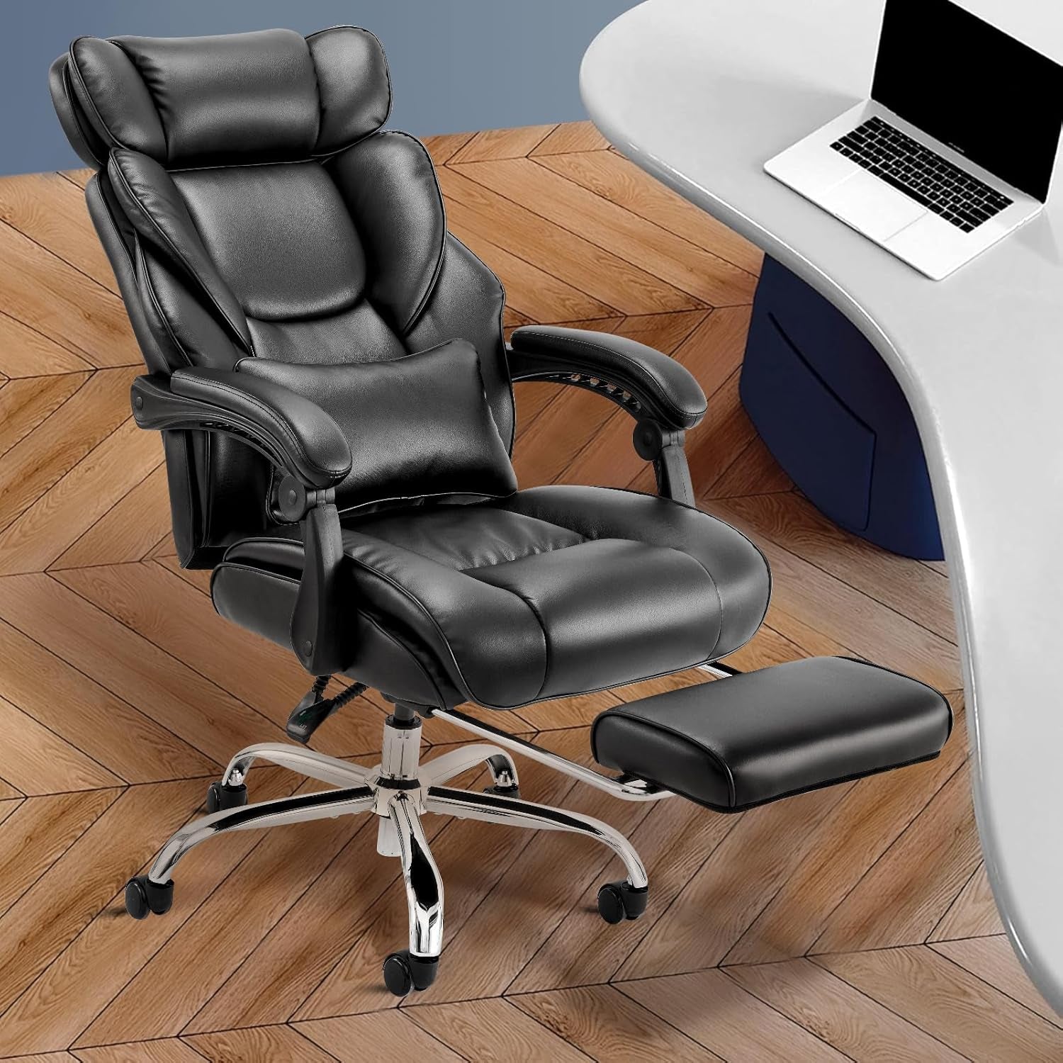 Office Chair with Retractable Footrest, Ergonomic High Back Design Executive Computer Desk Chair with Removable Lumbar Pillow, 90-135°Reclining, Thick Bonded Leather for Home Office Work, Black