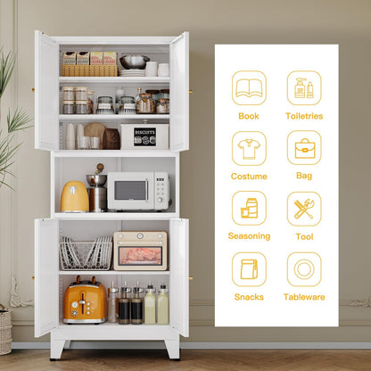 69" Tall Metal Pantry Cabinet with Microwave Shelf,Microwave Storage Cabinet with 4 Doors & 3 Adjustable Shelves,Metal Cabinet with Storage for Kitchen Dining Room Living Room(1Pc,White)