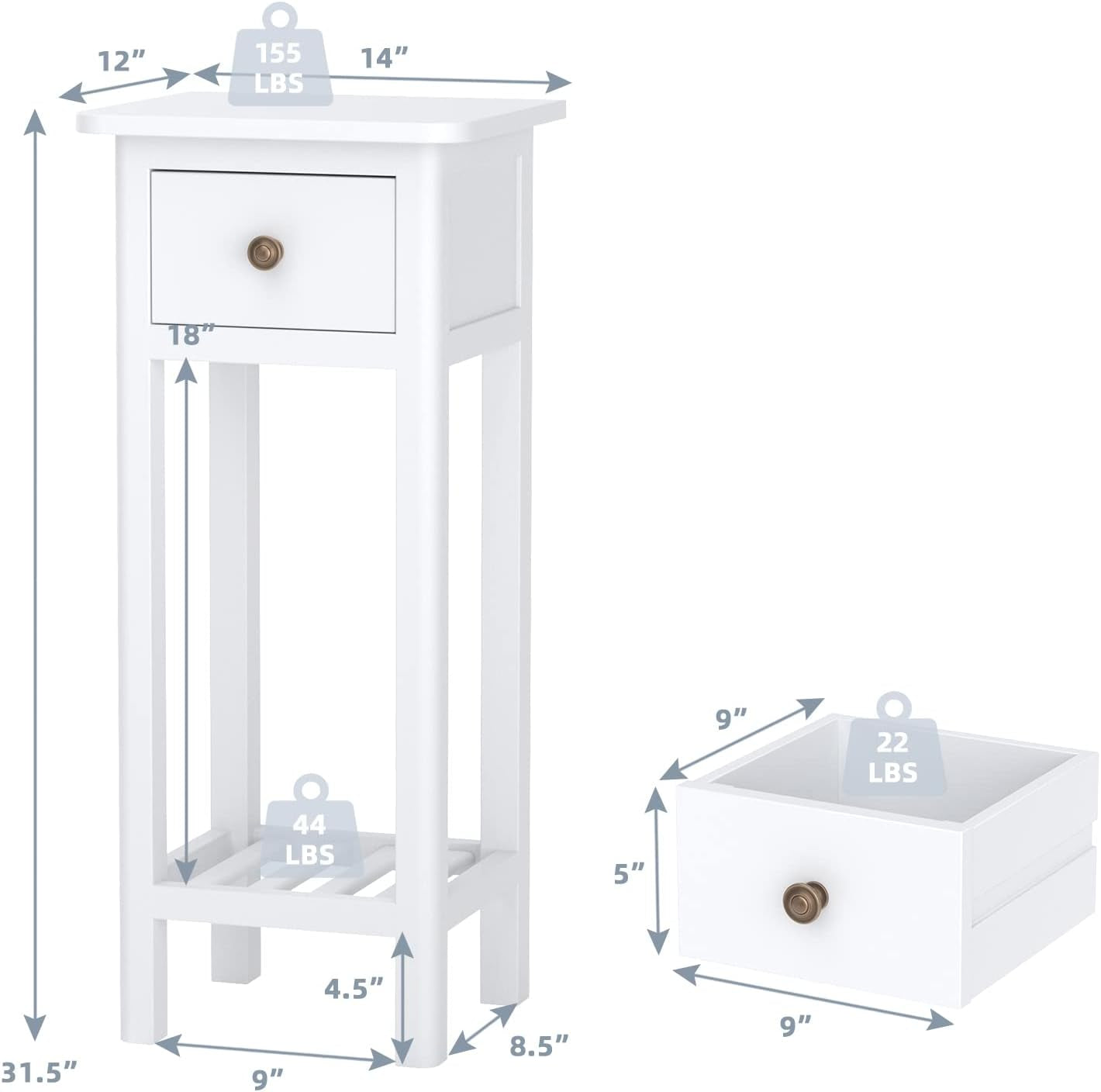Tall End Table, Narrow Side Table with Drawer and Shelf, Acacia Wood Nightstand for Living Room, 2-Tier Bedside Table for Small Space, No Assembly, White