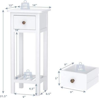 Tall End Table, Narrow Side Table with Drawer and Shelf, Acacia Wood Nightstand for Living Room, 2-Tier Bedside Table for Small Space, No Assembly, White