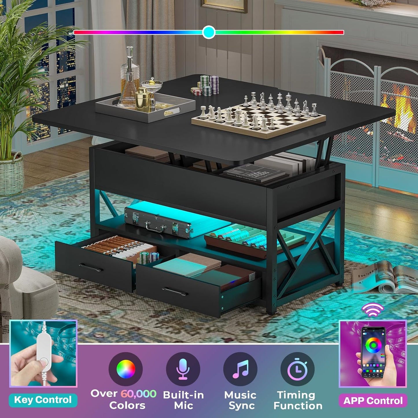 40" Lift Top Coffee Table, 4 in 1 Coffee Tables with Storage for Living Room, Small Farmhouse Coffee Table with 2 Drawers & LED Light for Dining Reception Room, Black