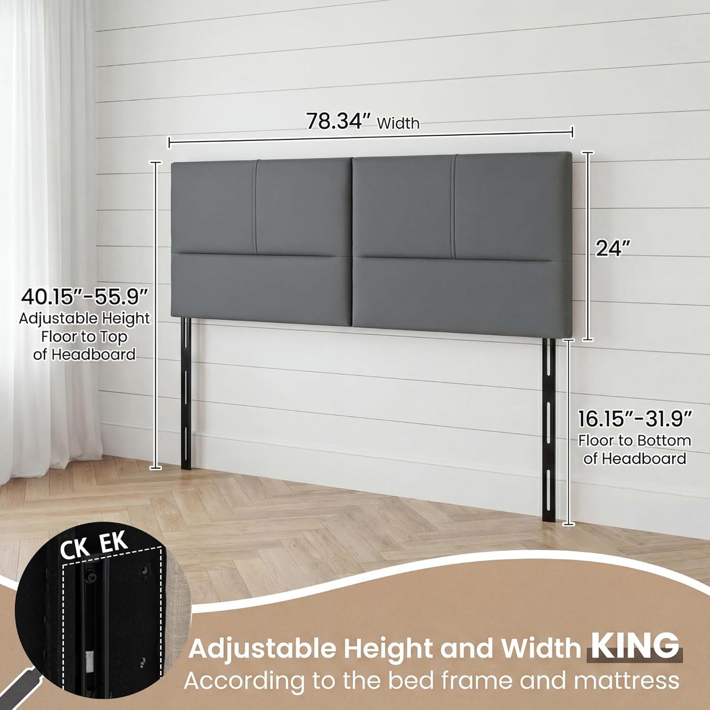 Upholstered Headboard King Size Headboards Eastern King/California King Faux Leather Panels with Durable Metal Legs Adjustable Height Bed Headboard Gray