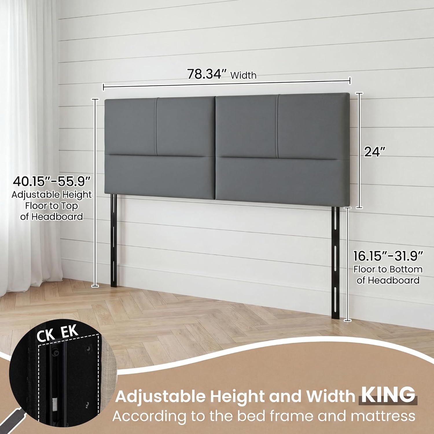 Upholstered Headboard King Size Headboards Eastern King/California King Faux Leather Panels with Durable Metal Legs Adjustable Height Bed Headboard Gray