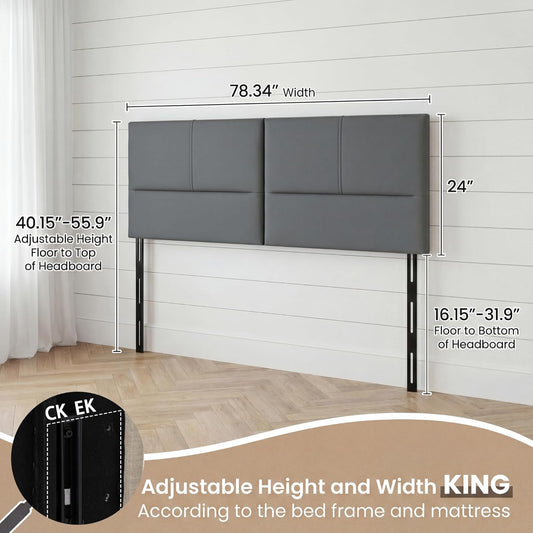 Upholstered Headboard King Size Headboards Eastern King/California King Faux Leather Panels with Durable Metal Legs Adjustable Height Bed Headboard Gray