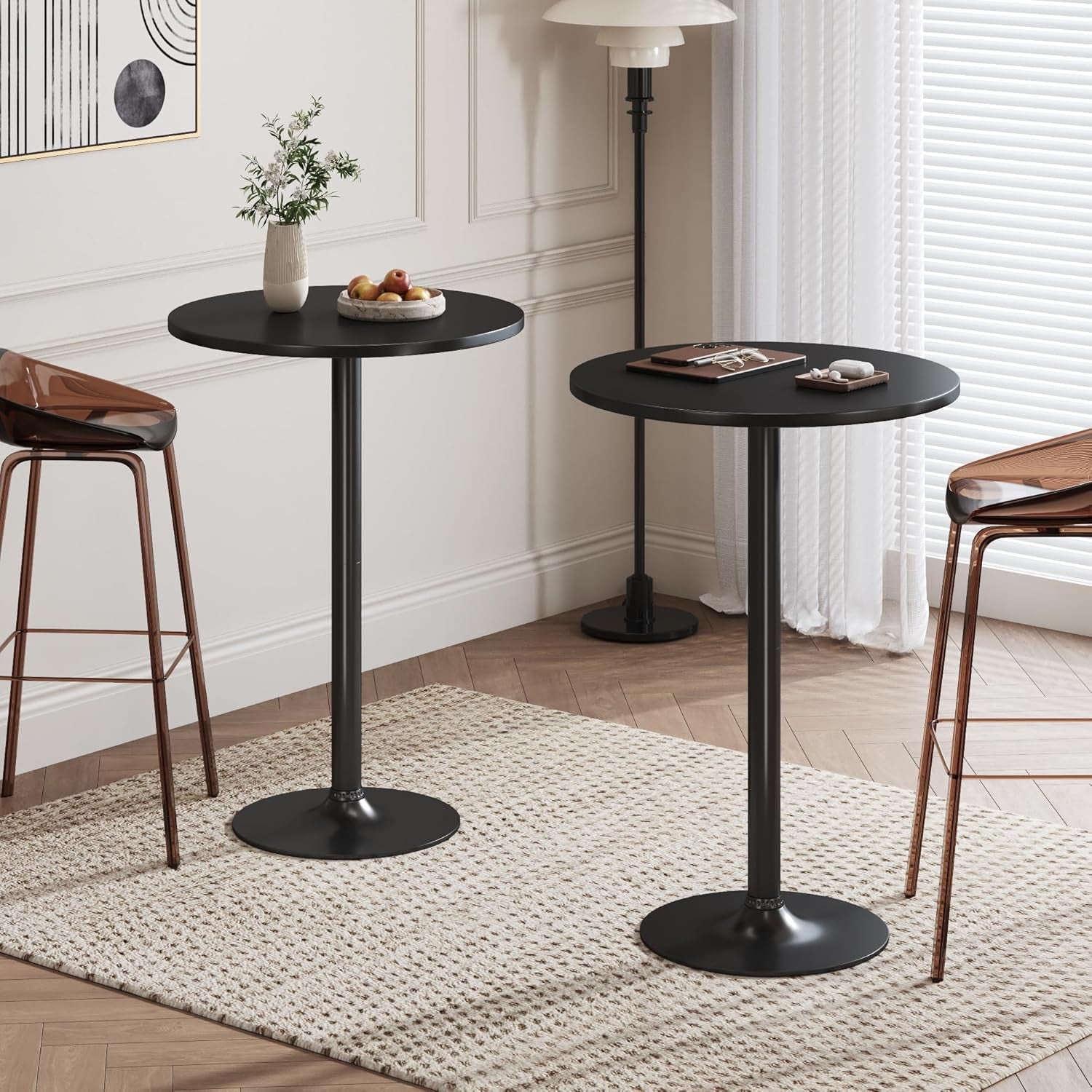 round Bistro Pub Table 2 Pack Modern Style Metal Base MDF Top Cocktail Bar Table Counter Bar Height for Pub, Dining Room, Party (Full Black)