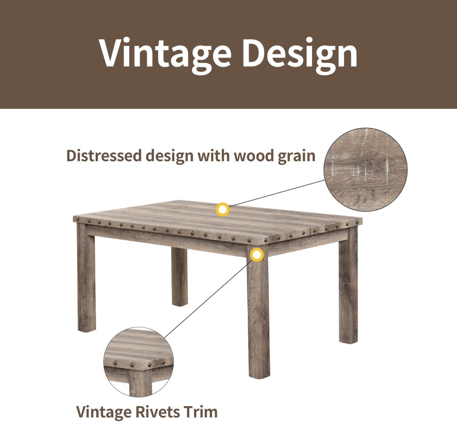 Farmhouse Dining Set for 4, 60" Rectangular Wooden Table & 4 Upholstered Chairs with Nailhead Accents, 5-Piece Kitchen Table Set for Dining Room, Breakfast Nook, Antique Rustic