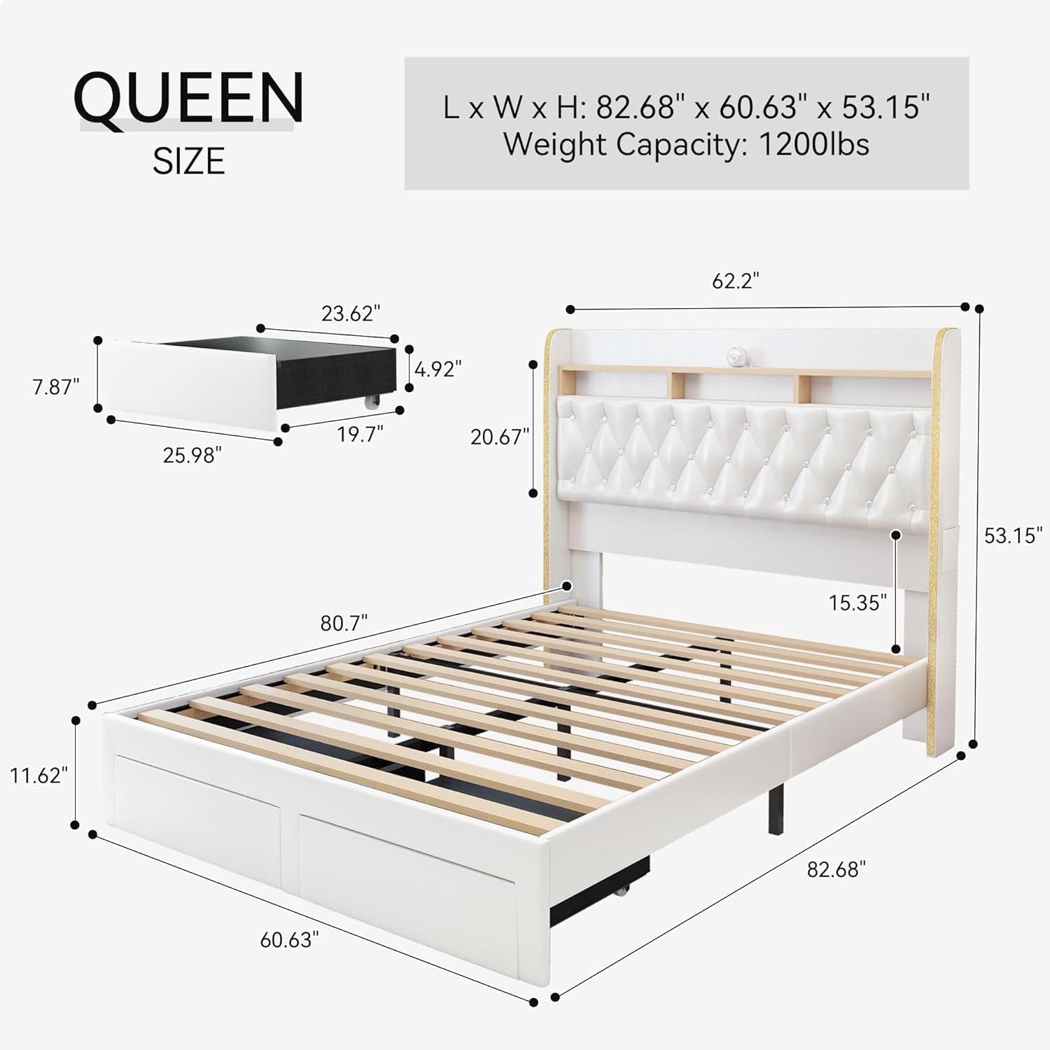 Queen LED Bed Frame with 2 Drawers, 53" Tall Platform Beds with Galaxy Star Projector Charging Station, PU Upholstered Diamond Tufted Aurora Bedframe with Storage Headboard, White