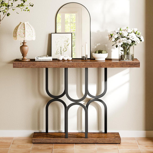 47.2 Inch Entryway Table, Industrial Console Sofa Table, Narrow Accent Table, for Entry, Hallway, Entrance, Foyer, U-Shaped Metal Base, Rustic Brown