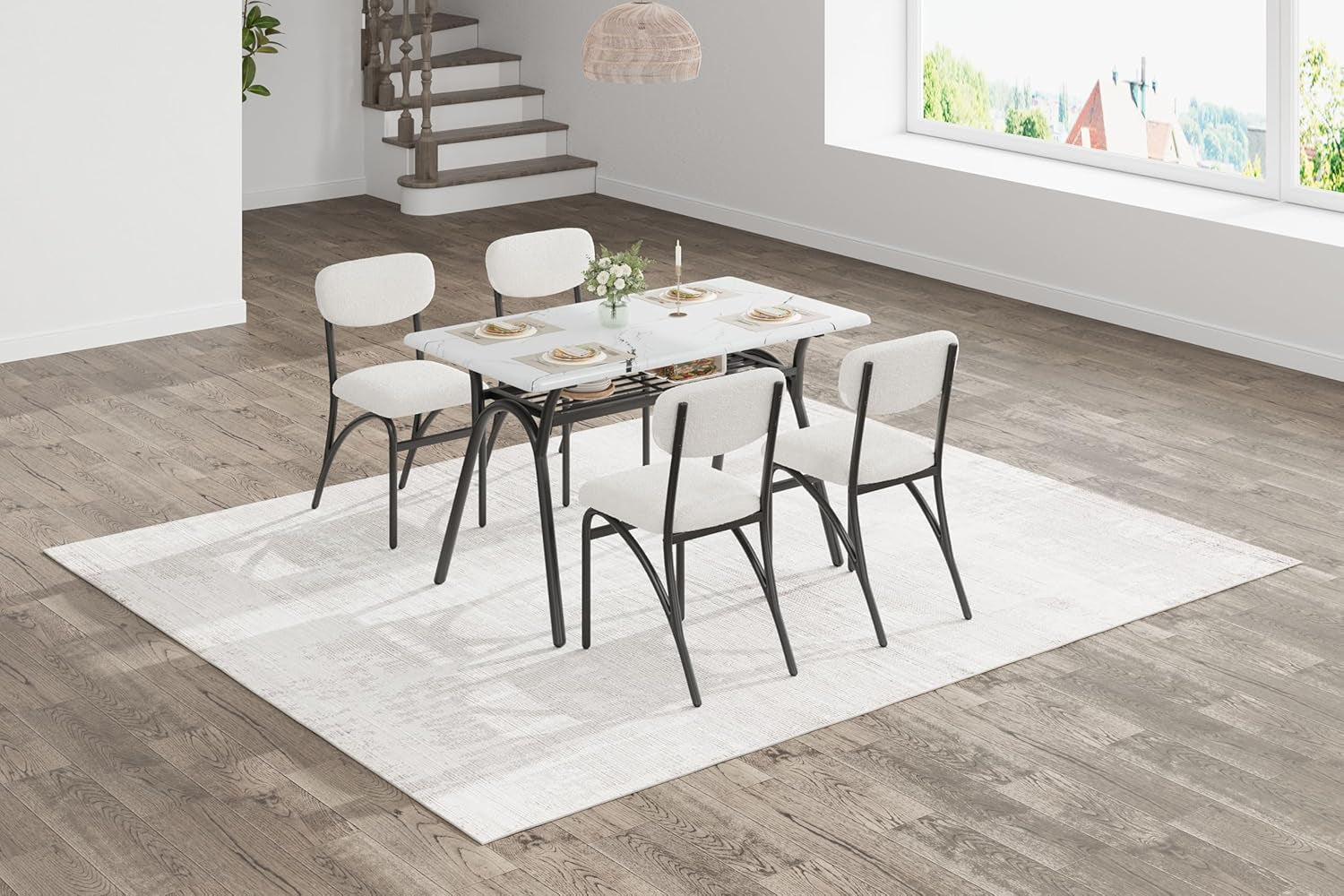 5-Piece Dining Table Set for 4, Modern Kitchen Table with 4 Boucle Chairs, Rectangular Dining Table with Storage Shelf & Marble Tabletop, Beige Home Dining Furniture for Small Space