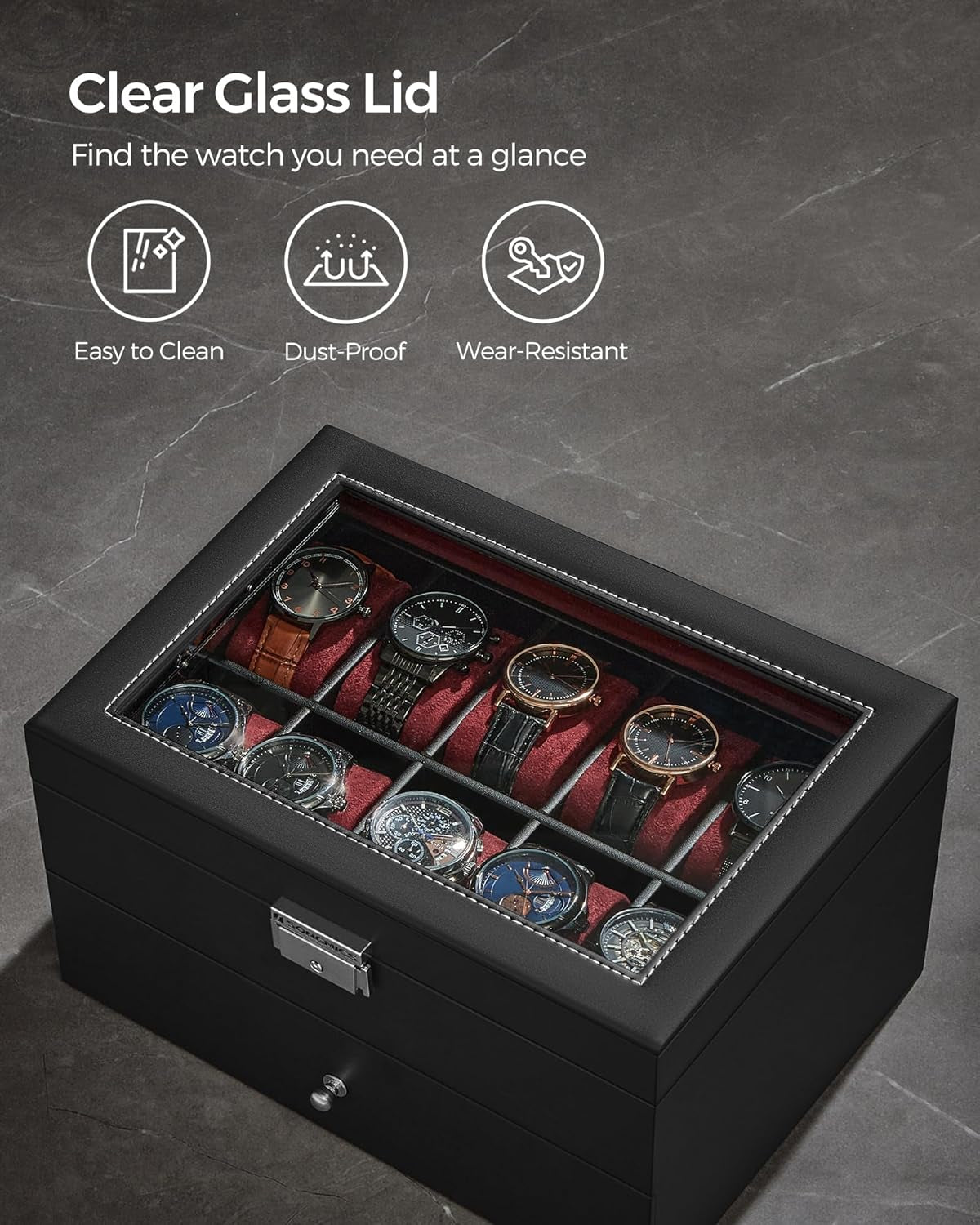 Watch Box, 20-Slot Watch Case Organizer with Large Glass Lid, Removable Pillows, Metal Lock, Gift for Loved Ones, Black Synthetic Leather, Wine Red Lining UJWB020R01