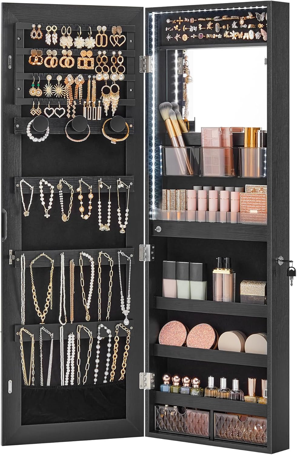 Mirror Jewelry Cabinet Armoire Organizer, Wall or Door Mount Storage Cabinet with Full-Length Frameless Lighted Mirror, Built-In Makeup Mirror, 2 Drawers, Lockable, Rustic Brown UJJC013X01