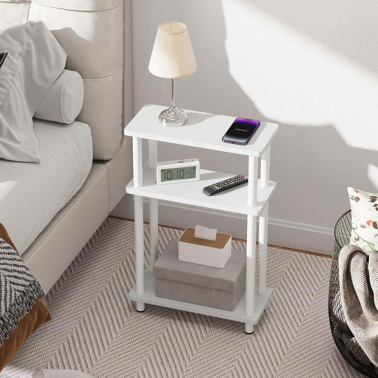 Small Narrow Side Table, 3-Tier Skinny End Table with Storage Shelf, Slim Nightstand Bedside Table for Small Spaces, Living Room, Bderoom, White