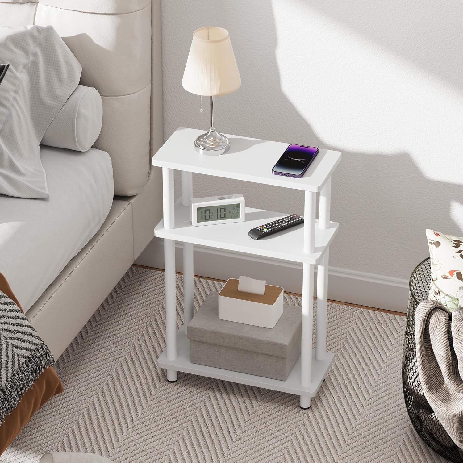 Small Narrow Side Table, 3-Tier Skinny End Table with Storage Shelf, Slim Nightstand Bedside Table for Small Spaces, Living Room, Bderoom, White