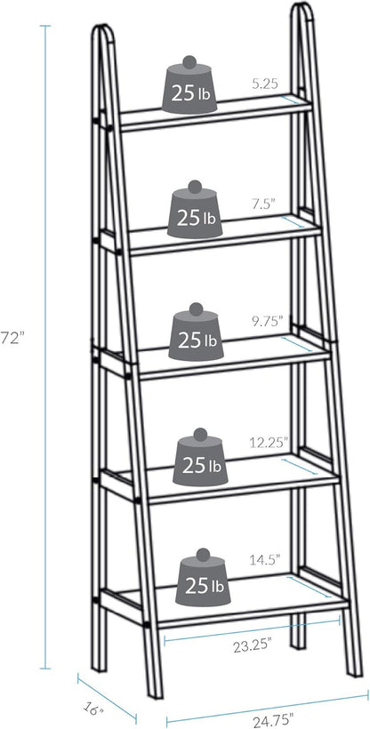 100% Solid Wood 5-Shelf Ladder Bookcase, 24.75"W X 16"D X 72"H, Warm Brown, 5-Tier Freestanding Ladder Shelf