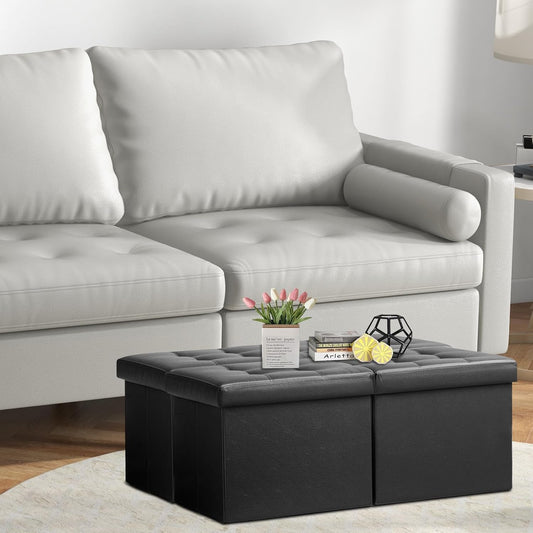 Footrest Ottoman Bench with Storage,34Inch Black Leather Footstool, Coffee Table, Padded Seat, Storage Chest,Blanket Store with Flipping Lid for Livingroom and Bedroom