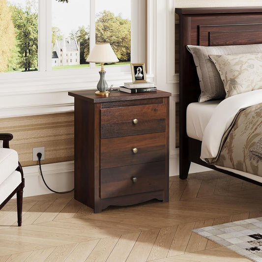 Tall Nightstand with Charging Station, Wood Nightstand with 3 Drawers, Bedside Tables Bedroom, Dorm, End Table with 2 USB Ports and 2 AC Outlets, Bedside Table, Espresso