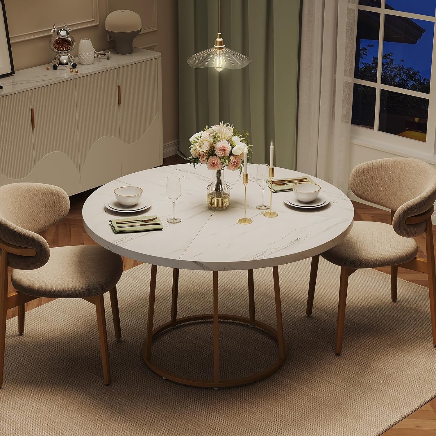 Round Dining Table, 47.24 Inch Kitchen Table for 4-6 People, Wooden Faux Marble Dinner Room Table with Gold Base, Circle Modern Small Table for Home Dining Room Kitchen Restaurant (White)