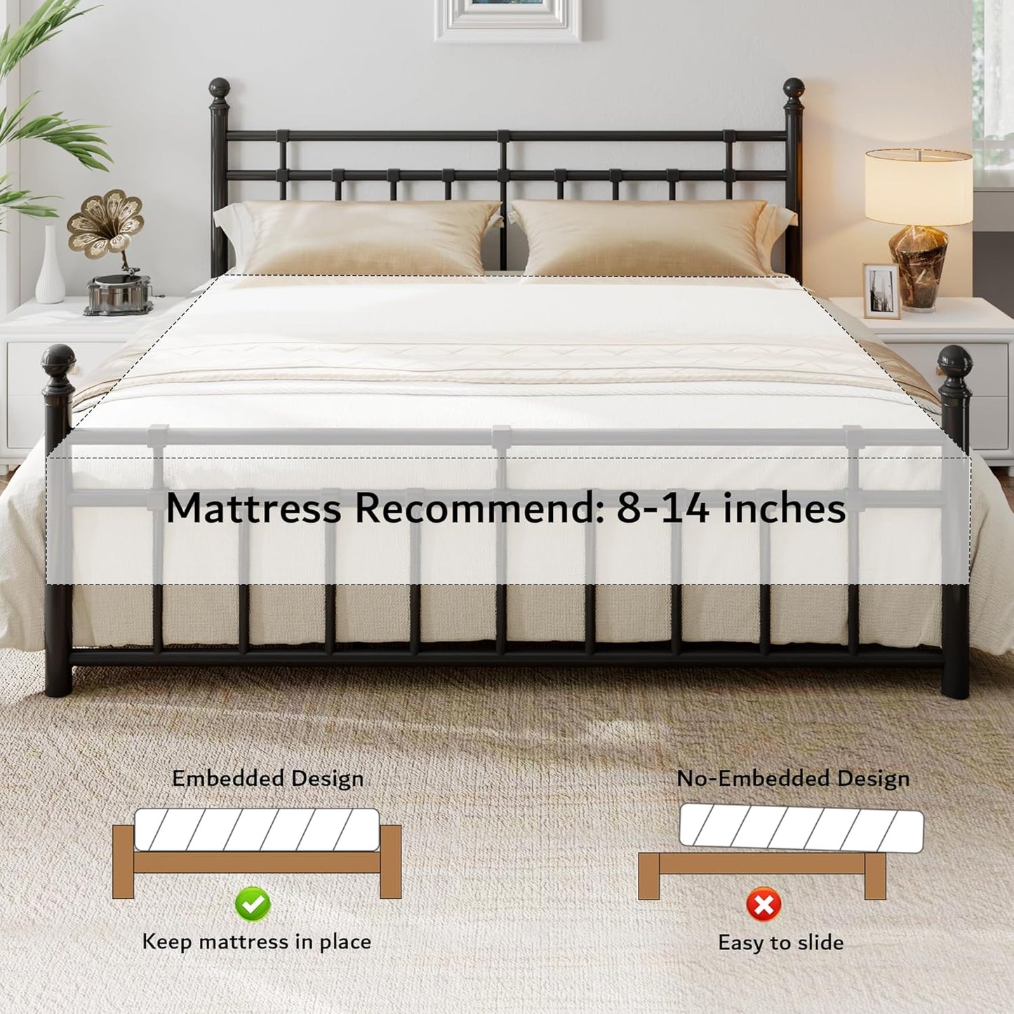 King Metal Bed Frame with Vintage Headboard and Footboard, Farmhouse King Size Bed Frame, under Bed Storage, No Box Spring Needed, Noise-Free, Black
