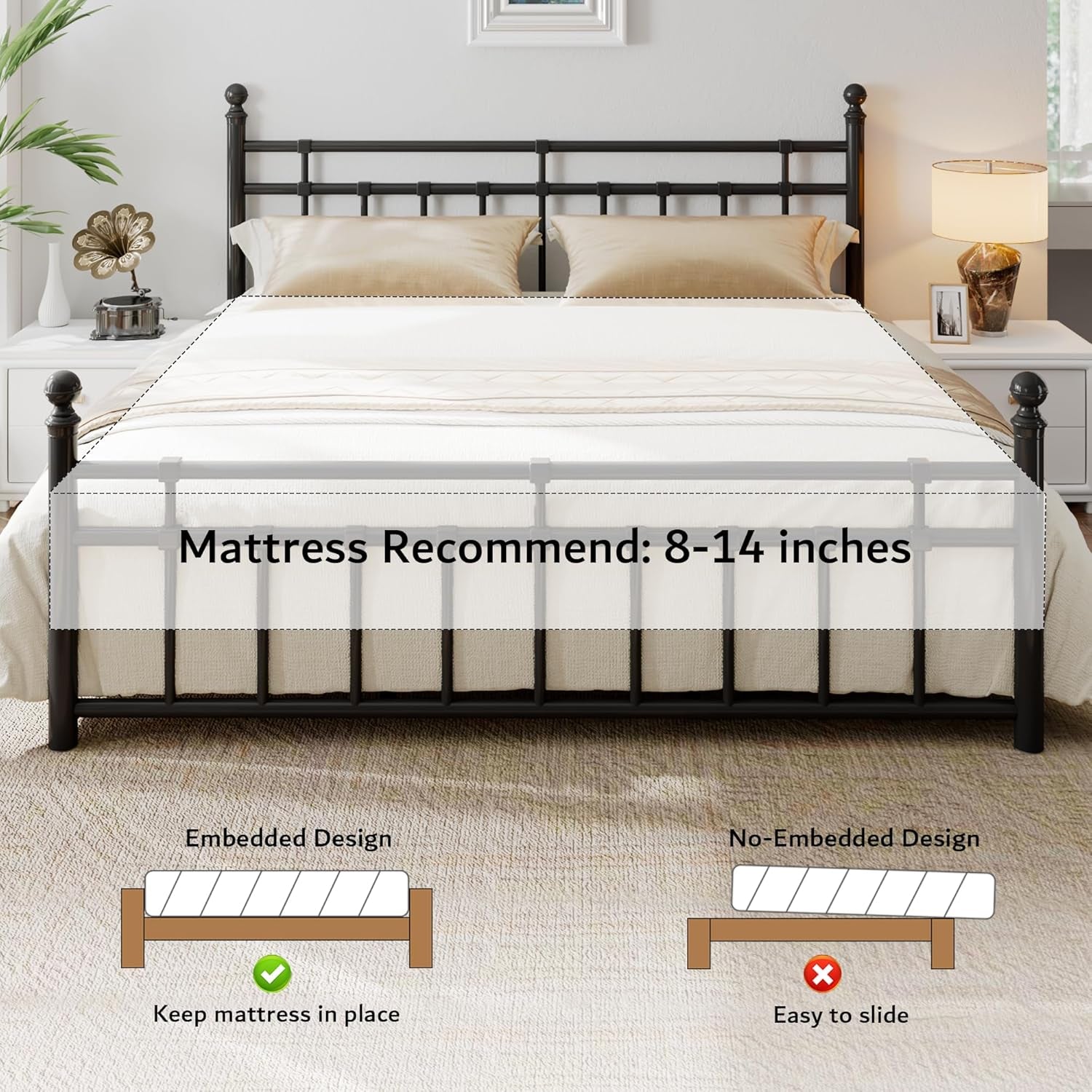 King Metal Bed Frame with Vintage Headboard and Footboard, Farmhouse King Size Bed Frame, under Bed Storage, No Box Spring Needed, Noise-Free, Black