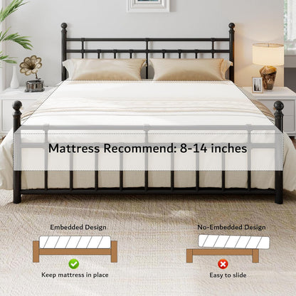 King Metal Bed Frame with Vintage Headboard and Footboard, Farmhouse King Size Bed Frame, under Bed Storage, No Box Spring Needed, Noise-Free, Black