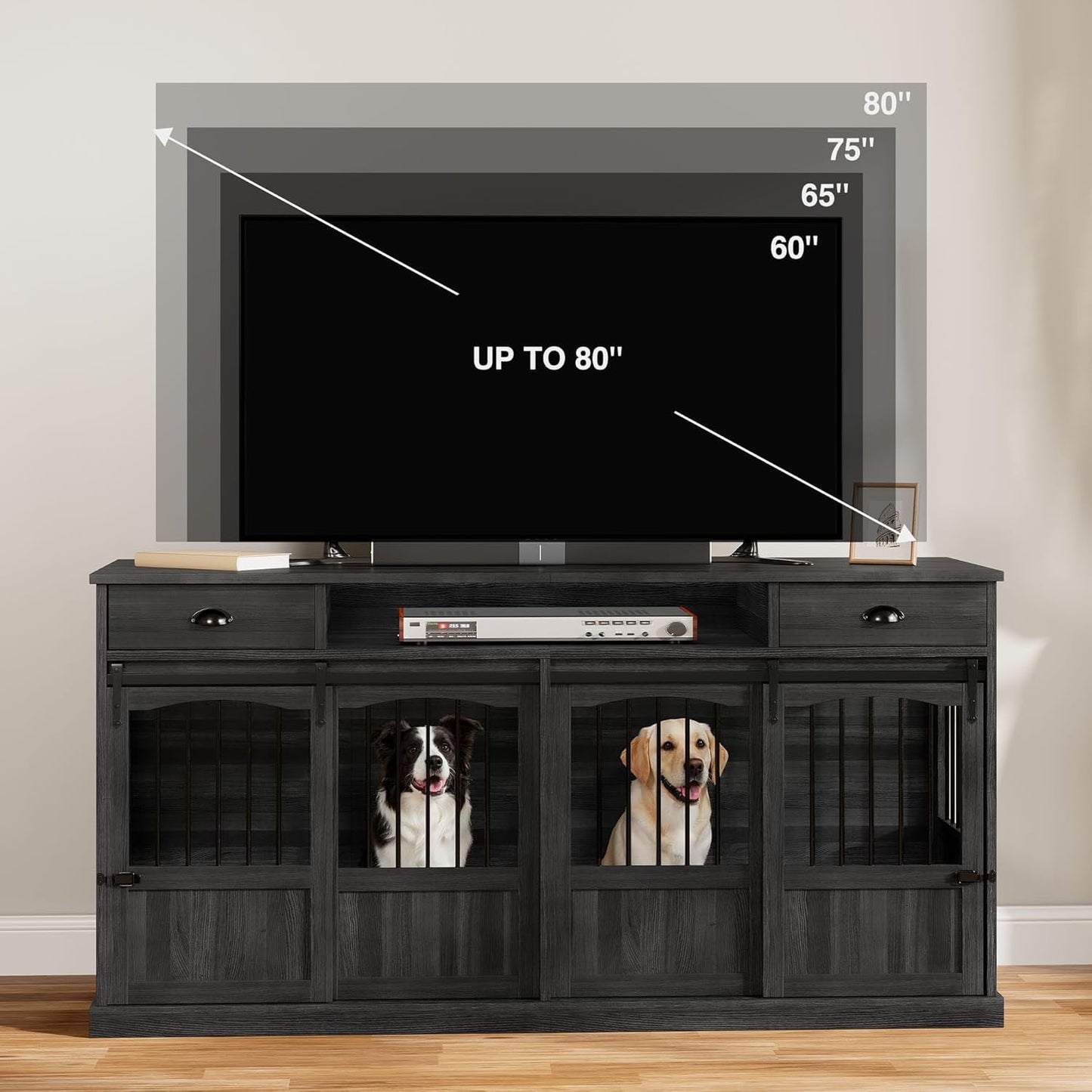 70.86" Double Dog Crate Furniture with Storage for 2 Medium Large Dogs Farmhouse Wooden Dog Kennel Furniture with 2 Sliding Doors Divider & Power Outlet Decorative Dog Cage TV Stand Dark Grey