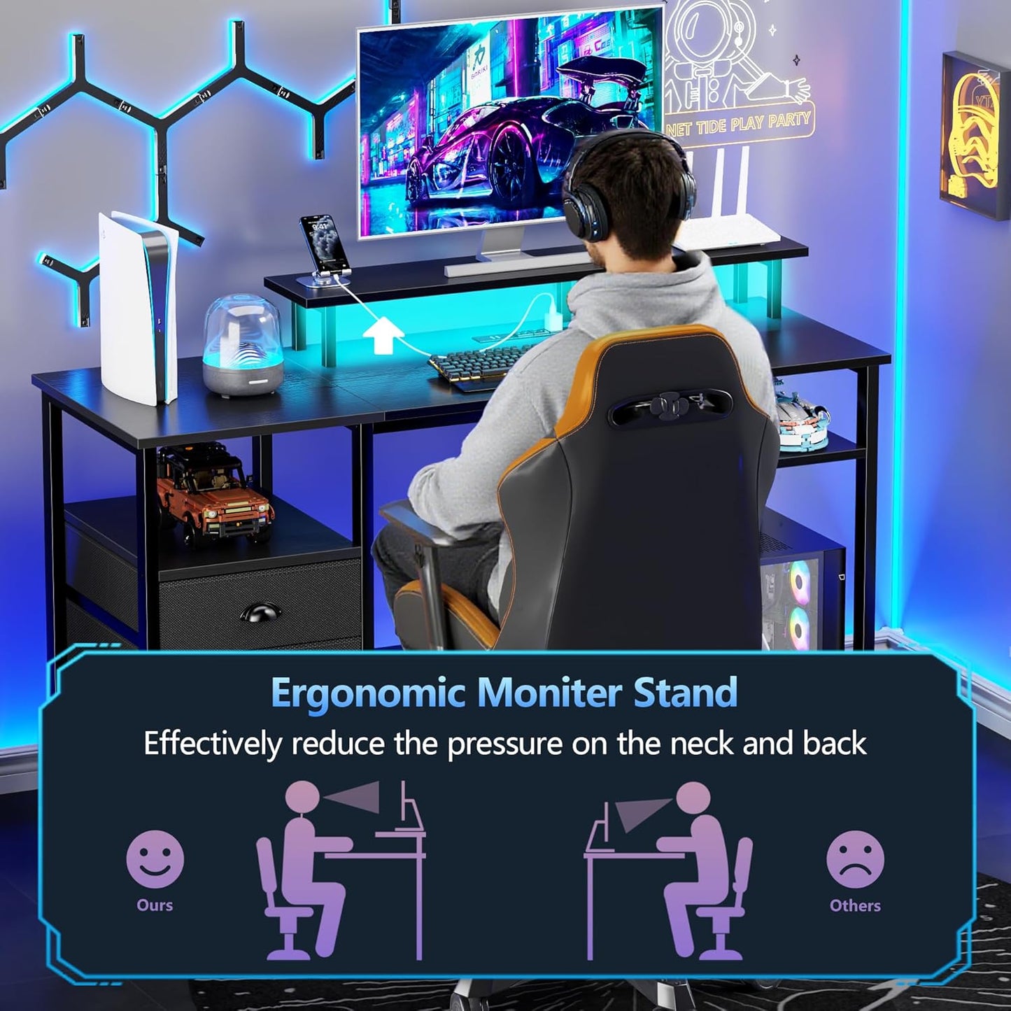 51" Gaming Desk with Power Outlets & LED Lights, Reversible Computer Desk with File Cabinet & Monitor Stand for Home Office, Large Work Table with Storage Shelves & Drawer, Black